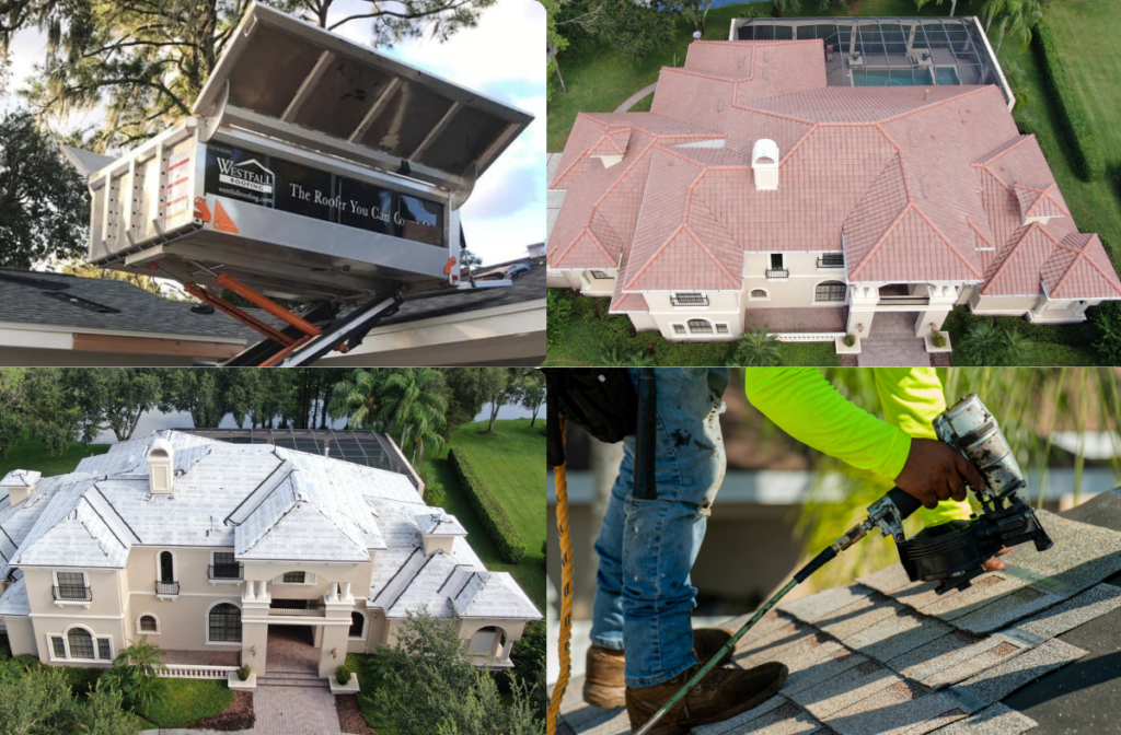Job photo collage of roof replacements performed by Westfall roofing in Central and Southwest Florida